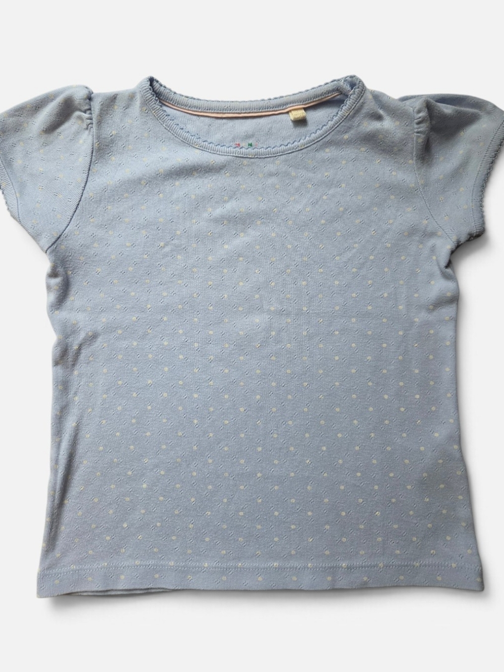 Mini Boden Short Sleeve Polka Dot Pointelle Top in Blue 6-7Y